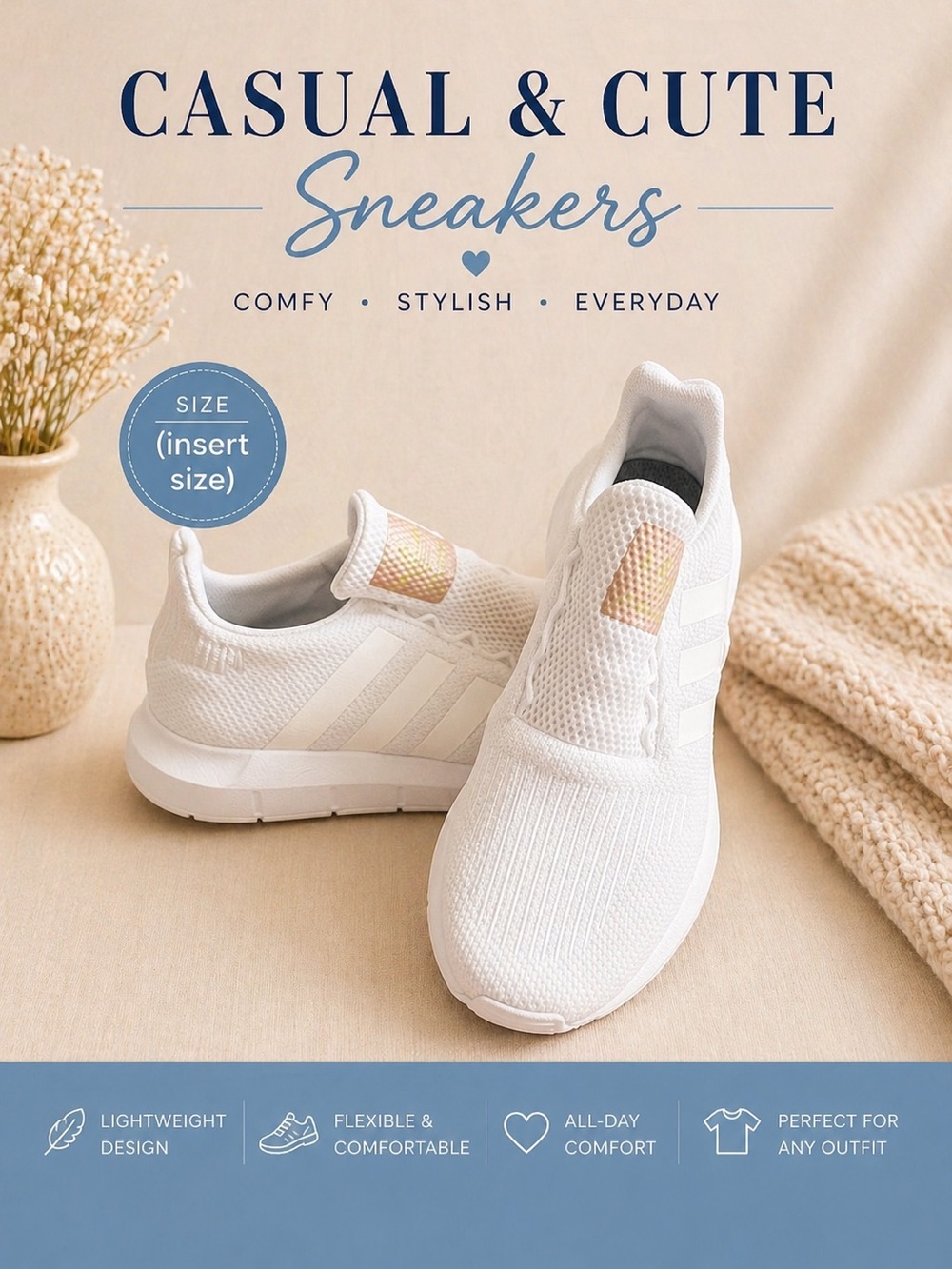 Adidas White and Rose Gold Knit Slip-On Sneakers